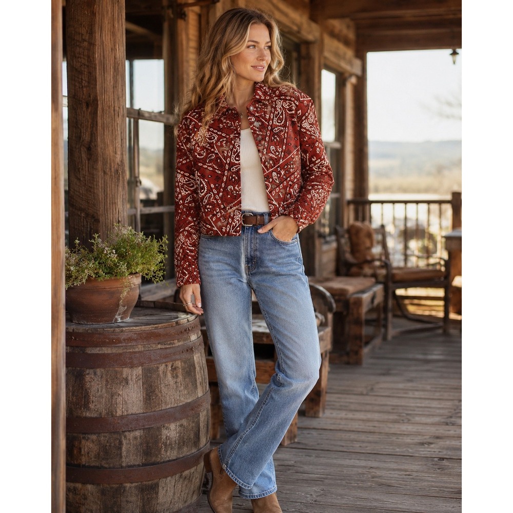 New Identity Jacket Red Bandana Paisley Print Vintage Western Cotton Blend Small